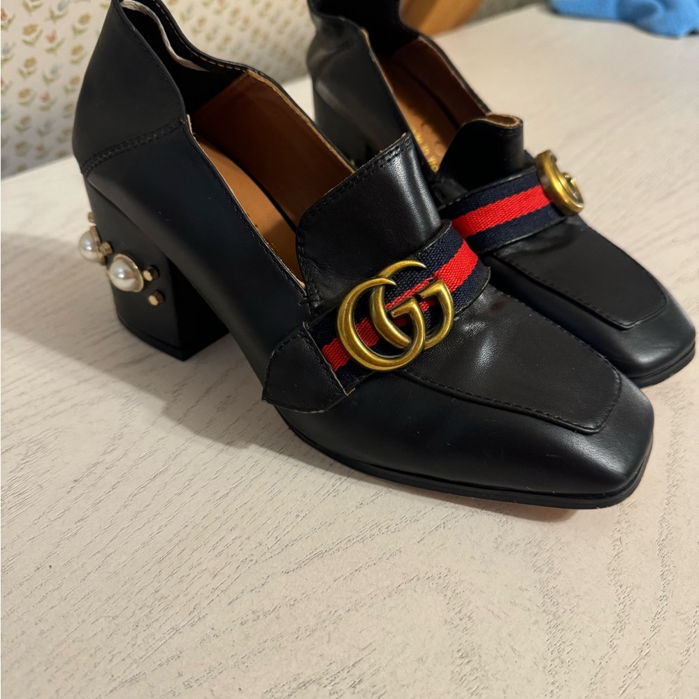 Gucci Navy Leather Loafers with Gold and Red Details
